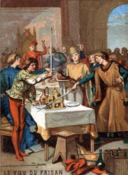 Życzenie bażanta (1454): podczas uczty zorganizowanej przez księcia burgundzkiego Filipa III Dobrego goście przysięgają na bażanta ozdobionego naszyjnikiem z pereł, by wytępić Turka. Chromolitografia z serii „Wychowanie patriotyczne przez I