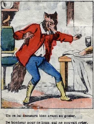 Wilk i bocian. Bajki Jean de La Fontaine (1621-95). Obrazowanie epinal z końca XIX wieku.