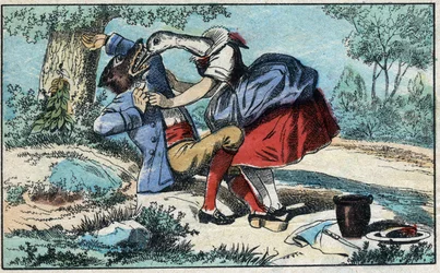 Wilk i bocian. Bajki Jean de La Fontaine (1621-95). Obrazowanie epinal z końca XIX wieku.