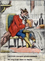 Wilk i bocian. Bajki Jean de La Fontaine (1621-95). Obrazowanie epinal z końca XIX wieku.