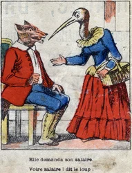 Wilk i bocian. Bajki Jean de La Fontaine (1621-95). Obrazowanie epinal z końca XIX wieku.