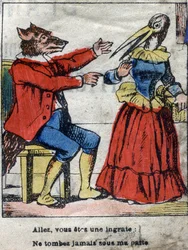 Wilk i bocian. Bajki Jean de La Fontaine (1621-95). Obrazowanie epinal z końca XIX wieku.