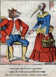 Wilk i bocian. Bajki Jean de La Fontaine (1621-95). Obrazowanie epinal z końca XIX wieku.
