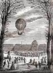 Pierwszy na świecie załogowy lot balonem wodorowym nad Polami Marsowymi w Paryżu, Francja, 1 grudnia 1783 r., pilotowany przez Nicolasa-Louisa Roberta i profesora Jacquesa Charlesa, z Les Merveilles de la Science, opublikowanego ok. 1870 r. (rycina)
