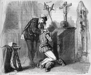 Młody król Henryk III (1574-1589) i jeden z jego Mignonów. Grawer w „Historii prostytucji i rozpusty wśród wszystkich narodów świata od starożytności do dnia dzisiejszego” autorstwa dr Th. -F. Debray. 1879.