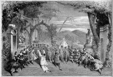 Przedstawienia teatralne: Akt II, ostatnia scena „Les Dances nationles de la France” Lamberta Thibousta (1826-1867), Alfreda Delacoura (1815-1883) i Clairville (1811-1879). Paryż, Theatre des Varietes