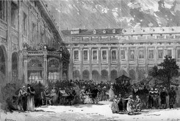 Przedstawienie teatralne: „Charlotte Corday” Francois Ponsard (1814-1867). Scena z aktu 3: Charlotte Corday w ogrodzie Pałacu Królewskiego. Paryż, Teatr Odeon