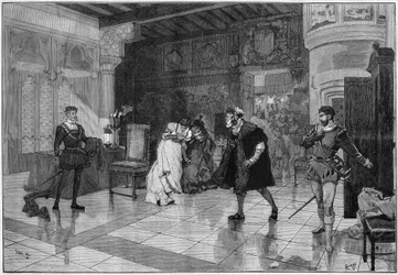 Przedstawienie teatralne: „”Hernani”” Victora Hugo (1802-1885), akt I scena 3. Paryż, Comedie Francaise