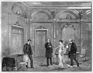 Przedstawienie teatralne: „Jean Beaudry” Auguste Vacquerie (1819-1895). IV akt. Paryż, Theater Francais (Komedia Francuska). Rycina z 1880 r. w prywatnej kolekcji „Islawna Rzeczpospolita”.