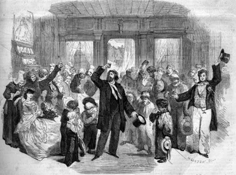 Przedstawienie teatralne „La Penelope Normande” (Akt I) Alphonse Karr (1808-1890). Wśród komików byli pani Alexis, pani Doche, Lafontaine (Henry Lafontaine