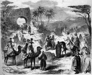 Przedstawienie teatralne: karawana, scena pierwszego aktu „rzezi w Syrii” Victora Sejoura (1816? -1874). Paryż, Teatr Imperial du Cirque