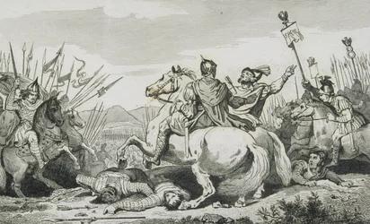 Teodoryk ginie w bitwie z Attylą, niedaleko Chalons, z „Histoire de France” Colarta, wydanej ok. 1840 r.