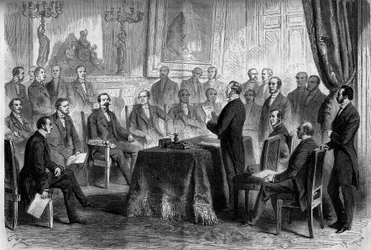 III RP: posiedzenie Rady Stanu w Tuileries w obecności Napoleona III (1808-1873) i barona Eugeniusza Georgesa Haussmanna, prefekta Paryża (1809-1891). Grawer w „”Le Monde Illustré””n°291 z 8 listopada 1862 r.