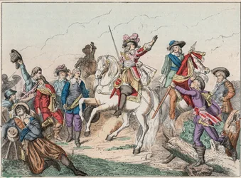 Wojna trzydziestoletnia (1618-1648): Książę Ludwik II Bourbon Conde (Bourbon-Conde), znany jako Wielki Conde (1621-1686), książę Enghien, witający zwłoki hrabiego Fontaine w bitwie pod Rocroi (Rocroy) przeciwko Hiszpanom, 19 maja