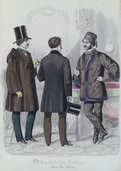 Trzech eleganckich młodzieńców, grudzień 1856 (kolor grawerowany)