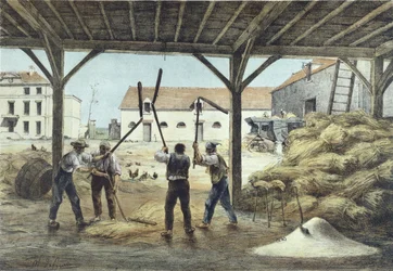 Młócenie kukurydzy, ilustracja z podręcznika szkolnego Enseignement par les yeux, 2. poł. XIX w.