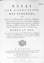 Strona tytułowa „Eseju o edukacji niewidomych” Valentina Hauy (1745-1822) opublikowanego w 1786 r. (rycina) (zdjęcie czarno-białe)