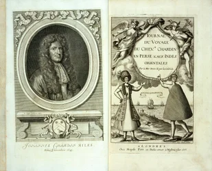 Strona tytułowa i portret frontowy Journal du Voyage de Chevalier Chardin en Perse et aux Indes Orientales autorstwa Jeana Chevalier Chardin, 1686