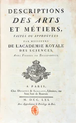 Strona tytułowa „”Opisów sztuki i metier stworzonych lub zatwierdzonych przez panów z Królewskiej Akademii Nauk””. 1761