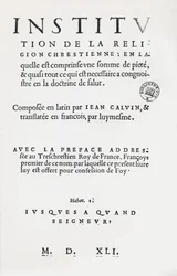 Strona tytułowa Institutes of the Christian Religion autorstwa Jana Kalwina, wydanie francuskie I, 1541