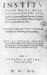 Strona tytułowa „Institutes of the Christian Religion” Johna Calvina, francuskie wydanie 1