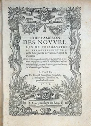 Strona tytułowa „” Heptameron”””: opowieści lub wiadomości Margarity z Nawarry (Marguerite of Valois, Marguerite of Angouleme lub Marguerite of France (1492-1549) Królowa Nawarry i poetka