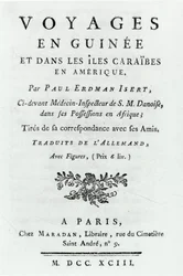 Strona tytułowa Travels in Gwinea and the Caribbean Islands in America autorstwa Paula Erdmana Iserta, opublikowana w 1743 r.