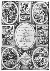 Strona tytułowa komentarzy i adnotacji na temat Tygodnia Stworzenia Świata Guillaume Sallust du Bartas (1544-90) 1583