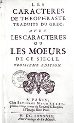 Strona tytułowa Postaci Teofrasty w tłumaczeniu z greki, z Postaciami lub obyczajami tego stulecia przez La Bruyere (1645-96) 1688