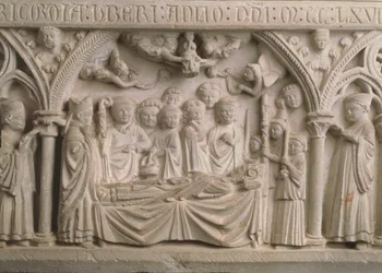 Grób biskupa Radulphe (zm. 1266), fragment sarkofagu przedstawiający procesję i zabranie duszy Radulphesa do nieba (zob. także 171276)