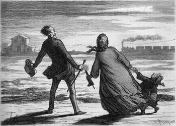 Za późno! : rodzina właśnie spóźniła się na pociąg. Karykatura Honore Daumiera (1808-1879). Grawerowanie w „”Le Monde Illustré””n°286 z 4 października