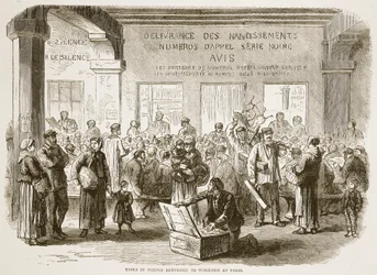 Narzędzia w zastawie zwrócone robotnikom w Paryżu, ilustracja z Historii wojny Cassells między Francją a Niemcami, 1870-1871