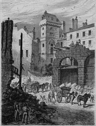 Tour Jean Sans Peur, ostatni ślad Hôtel de Bourgogne, podczas przebicia rue Etienne Marcel w Paryżu. Rytownictwo
