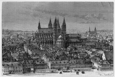 Tournai: widok zewnętrzny Notre-Dame (Notre Dame) i panorama miasta. Grawer autorstwa Barclay, aby zilustrować historię „Belgia” autorstwa Camille Lemonnier (1844-1913) belgijskiego pisarza. Opublikowano w Le Tour du monde, nouveau journal des voyages, 2. 