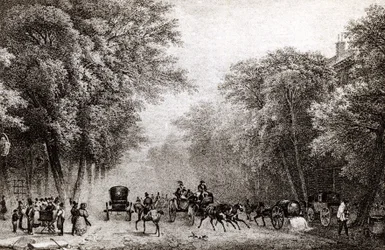 Ruch uliczny w Paryżu, Francja, w XIX wieku, ok. 1830