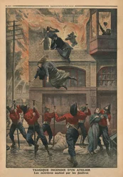 Tragiczny pożar w warsztacie w Newark, New Jersey, ilustracja z „Le Petit Journal”, dodatek illustre, 11 grudnia 1910 (kolor lito)