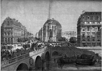 Przemiany Paryża pod rządami Drugiego Cesarstwa, Haussmann Paryż: widok na fontannę Saint Michel (1860) na Bulwarze Sewastopola. Grawer w „”Le Monde Illustré””n°175 z 18 sierpnia 1860 r.