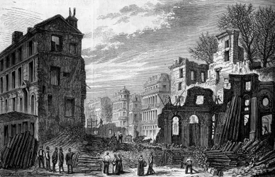 Przemiany Paryża II Cesarstwa, Paryż Haussmann: przebicie bulwaru Saint Germain, widok z rue saint dominique. Grawerowanie z 1870 roku.