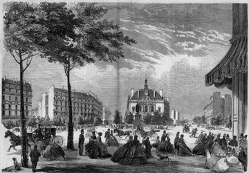 Przemiany Paryża w okresie II Cesarstwa, Paryż Haussmann: nowy ratusz XI okręgu w Paryżu. (Można zobaczyć Voltaire Boulevard i Parmentier Avenue). Grawitacja z 1865 roku.