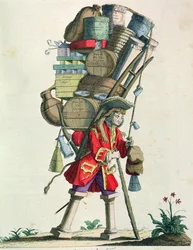 Traveling Spice, Liquor and Remedy Seller w 1721, z Costumes de Paris a Travers les Siecles, opublikowany 1887 (kolor grawerowany)