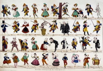 Prawdziwa historia Monsieur polychinelle (polichinelle). Obraz Epinal, s.d. 19 wiek.