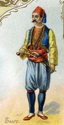 Turecki mężczyzna. Wydanie litografii paryskiej, koniec XIX wieku. Seria 25 farb reklamowych do manufaktury Biscuits Pernot w Dijon, stworzona w 1869 roku. Szczegóły postaci w strojach ludowych