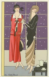 Dwie kobiety pijące herbatę i ubrane w projekty Jean Patou i Beer z pubu Art-Goût-Beauté. 1924