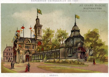 Wystawa powszechna z 1889 r. Pawilon Brazylii. Paryskie Batignole. Chromolitografia z końca XIX wieku.