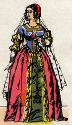 Dynastia Valois: Portret Eleonory Habsburgów lub Austrii (1498-1558) Królowej Francji, żony Franciszka I (1494-1547). Obrazowanie epinal z końca XIX wieku. Prywatna kolekcja.