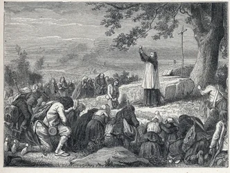 Vendee Wars (1793-1796): Księża wstawiają odprawianie mszy pod dębem w intencji powstańczej ludności, która odrzuca zaprzysiężonych księży. Rycina z 1889 r. Ze zbiorów prywatnych.