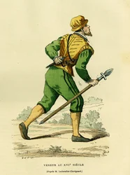 Strój Veneura, odpowiedzialnego za polowanie na zwykłe psy, w XVII wieku. Kolorowa rycina według rysunku Lechevaller-Chevignard, w "France et les francais a travers les centuries" Augustin Challamel, redaktor F.Roy, Paryż 1882. Kolekcja Selva.