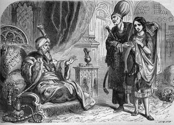 Baffa wenecka, ulubieniec Mourada III (1574-1595) lub sułtana osmańskiego Amurata III. Grawer w „Historii prostytucji i rozpusty wśród wszystkich narodów świata od starożytności do dnia dzisiejszego” autorstwa dr Th. -F. Debray. 1879.