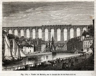 Wiadukt Morlaix, na linii kolejowej z Paryża do Brestu (Francja). Grawerowanie Lebreton et Marchand, w „Les Merveilles de la Science” Louisa Figuiera (1819-1894), wydanie Jouvet et Cie