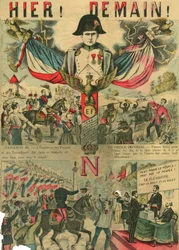 Wiktor Napoleon (1862-1926) na czele zwolenników Bonapartystów, ostatni spadkobierca Napoleona I musiał udać się na wygnanie w wyniku ustawy uchwalonej przez Trzecią Republikę w 1886 r. Rycina zamieszczona w "Le Figaro, dodatek", 30.03.1889, Paryż.